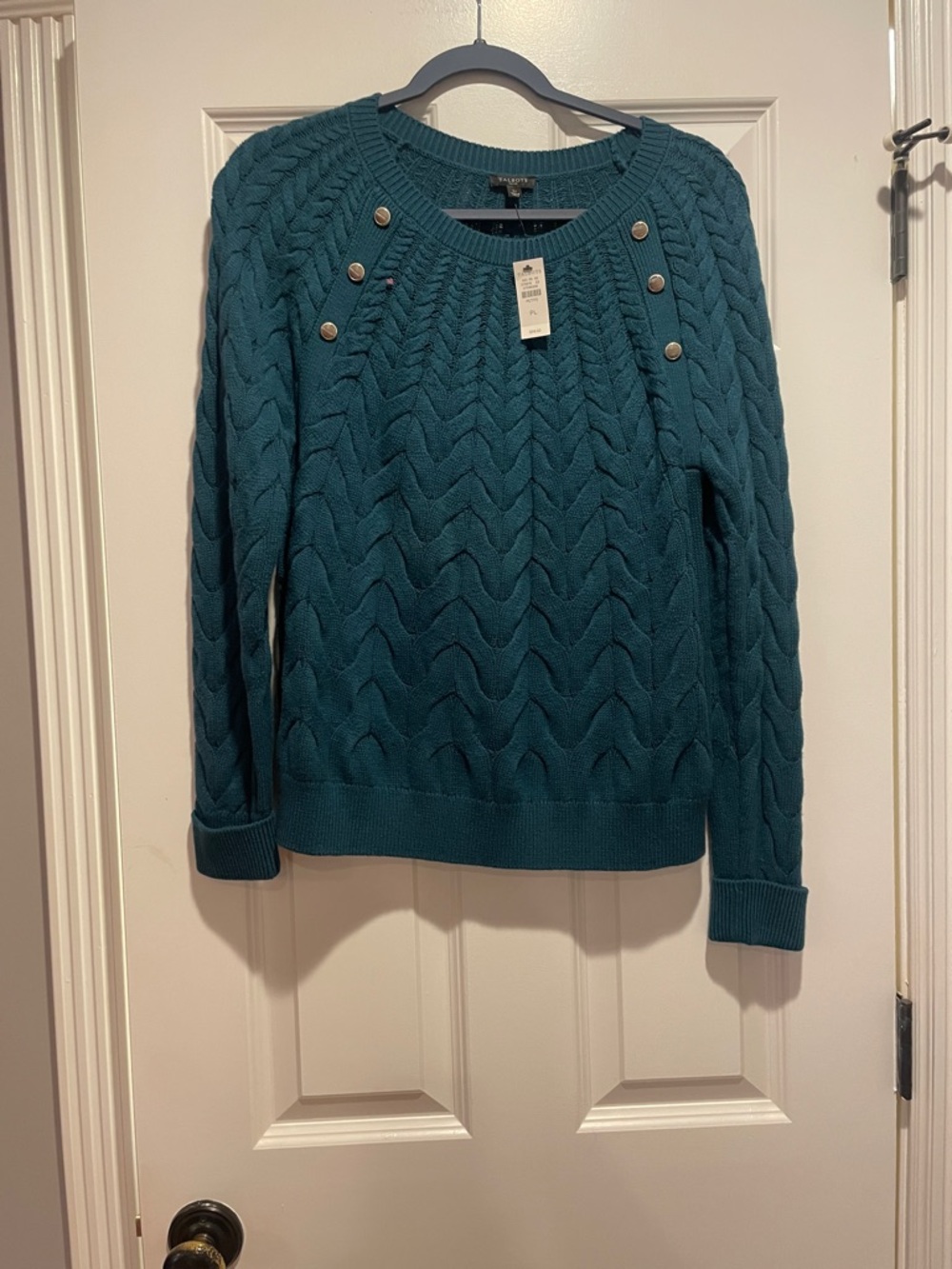 Talbots Teal Cable-Button Shoulder Crewneck Sweater